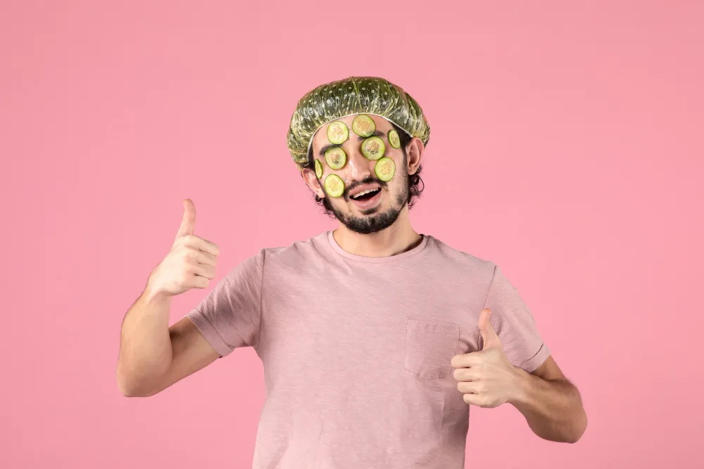 Un homme en t-shirt rose, rondelles de concombre sur le visage, lève les pouces sur un fond rose.