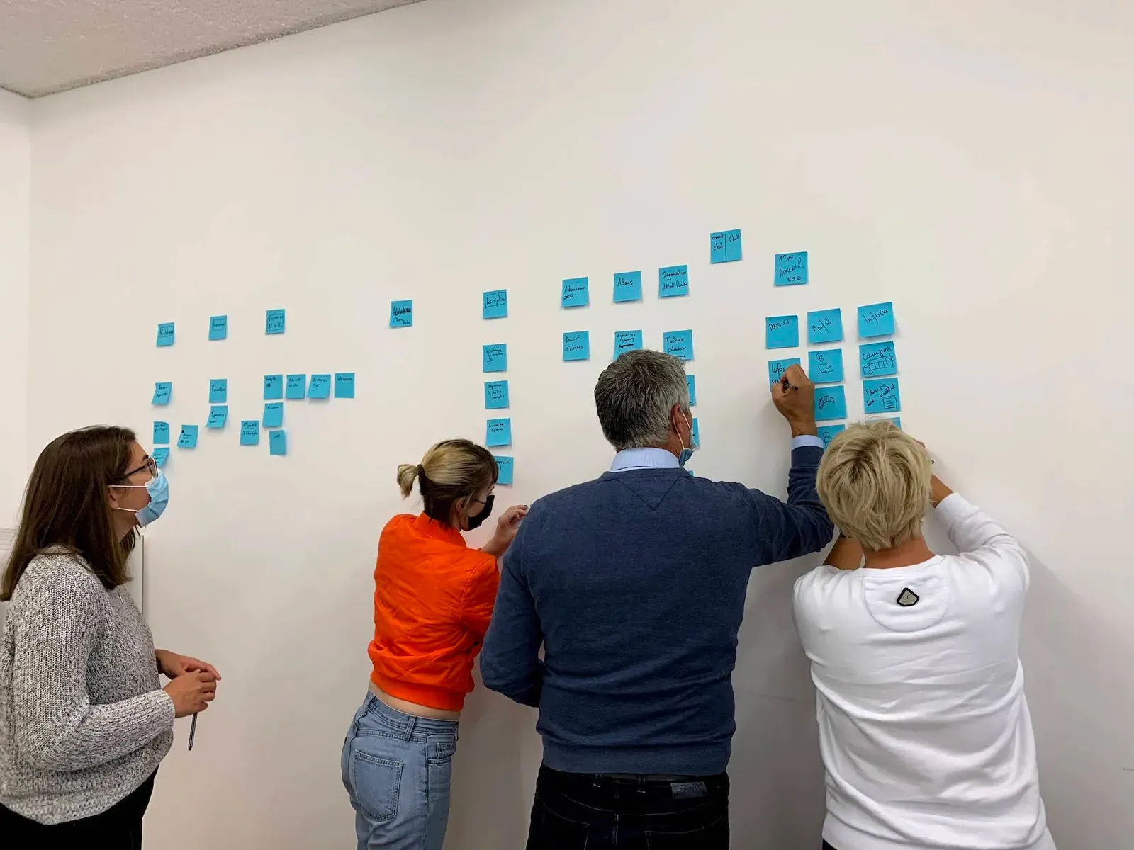 Quatre personnes collent et annotent des post-it bleus sur un mur blanc lors d’un atelier.