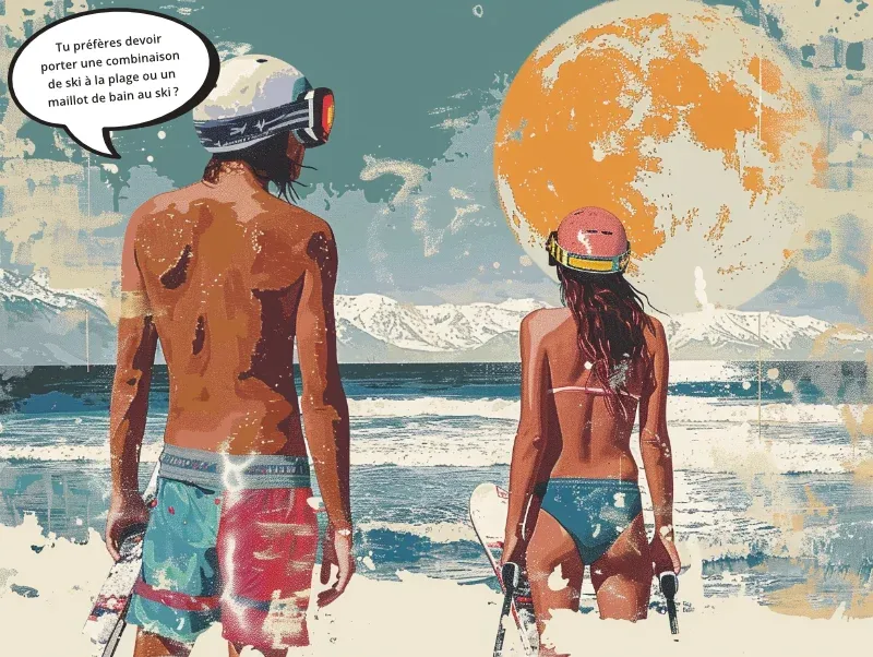 Carte du jeu de questions : « Tu préfères porter une combinaison de ski à la plage ou un maillot de bain au ski ? »