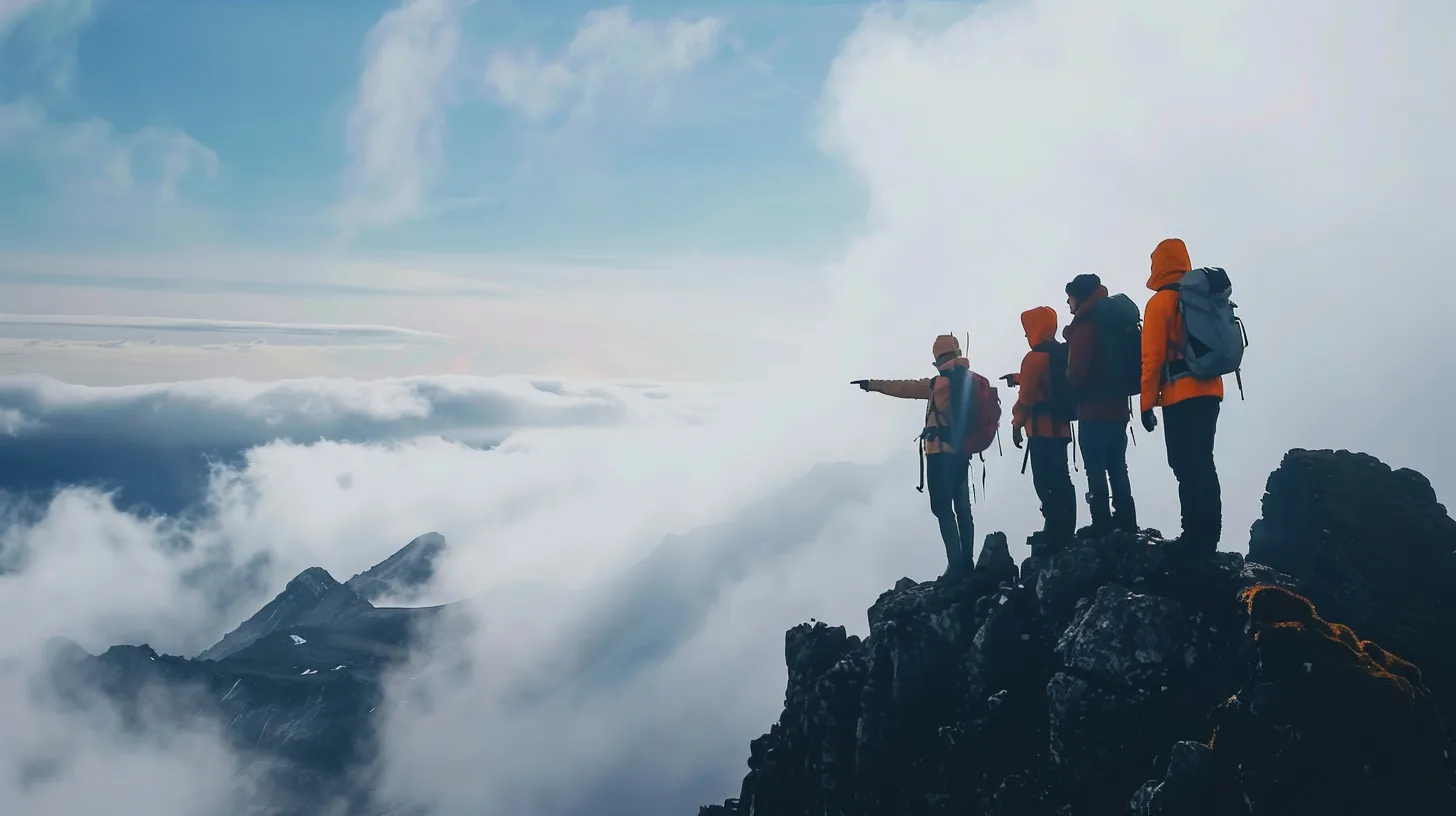 Quatre randonneurs au sommet d’une crête, au-dessus des nuages ; l’un d’eux montre la direction.